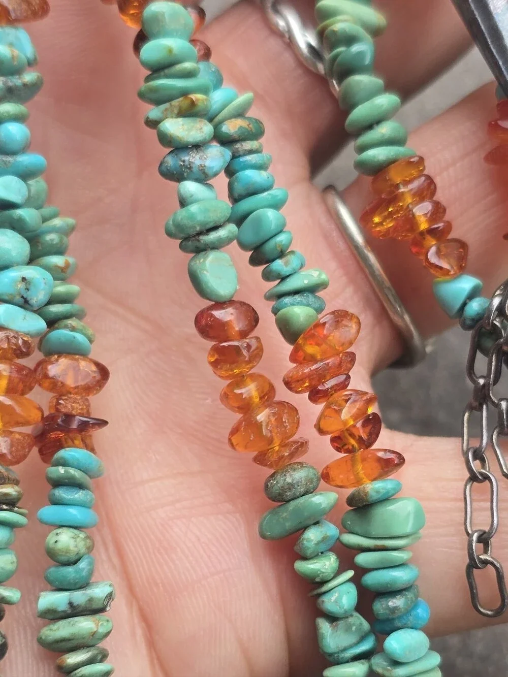 Southwestern double strand turquoise and amber 925 sterling silver necklace